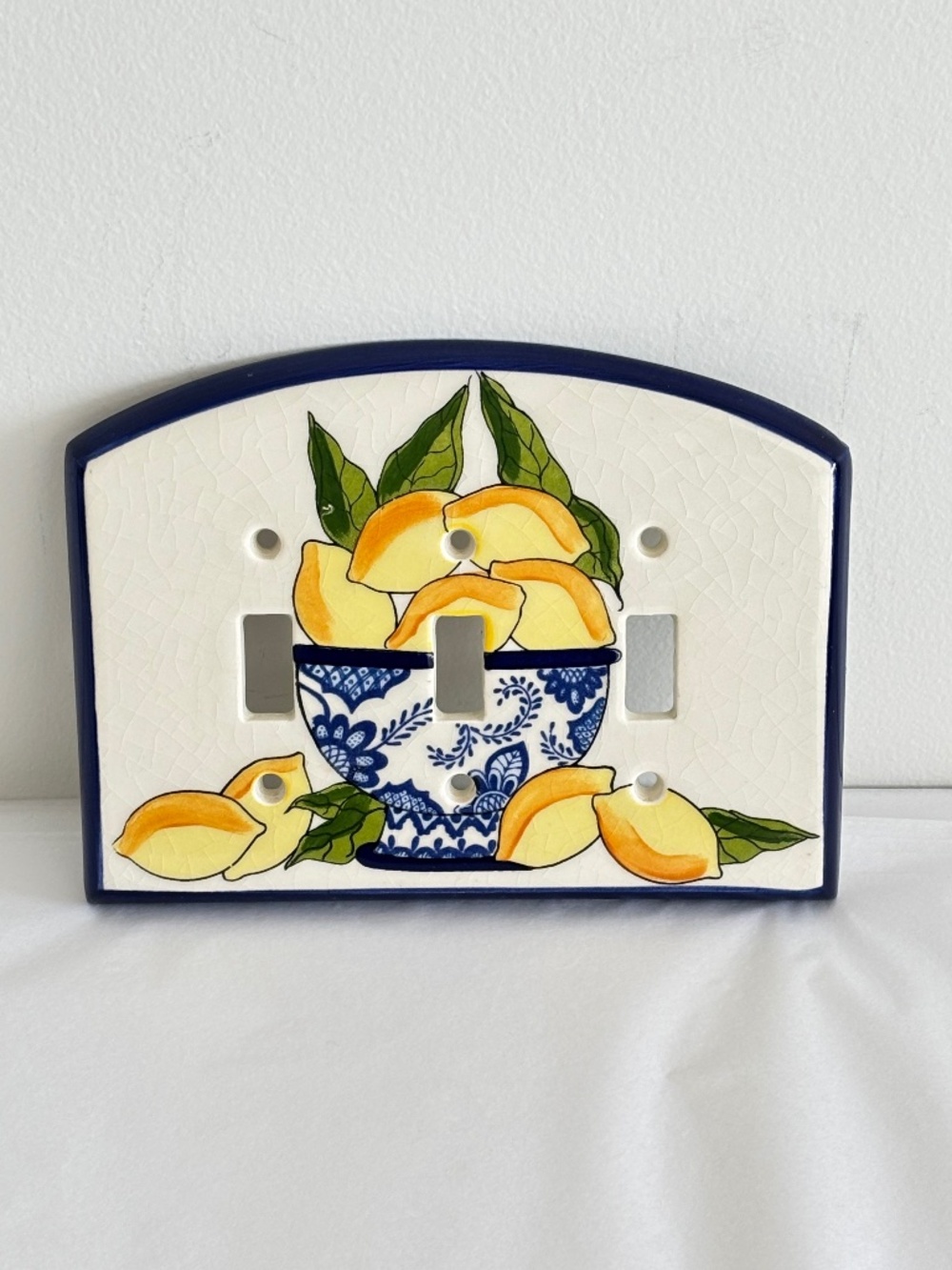Vintage Ceramic light switch plate triple toggle lemon bowl Italian Al fresco
